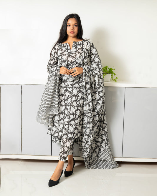 Black Mughal Print Cotton Kurtha with Mul Cotton Dupatta