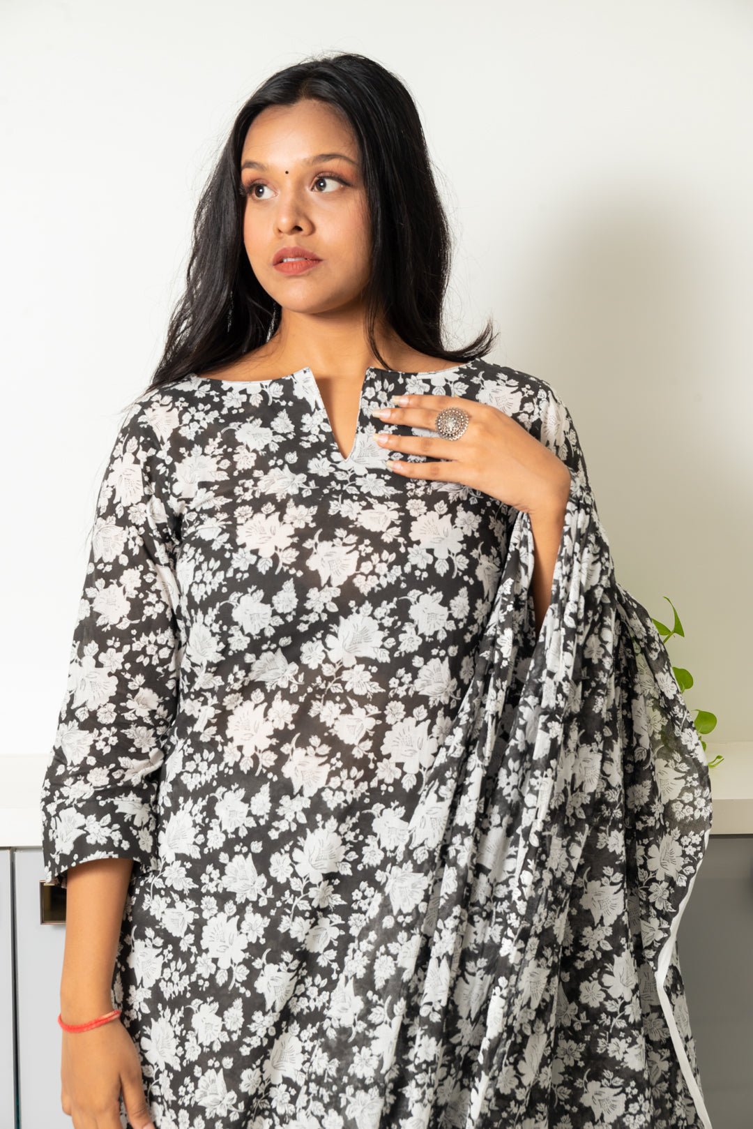 Black Mughal Print Cotton Kurtha with Mul Cotton Dupatta