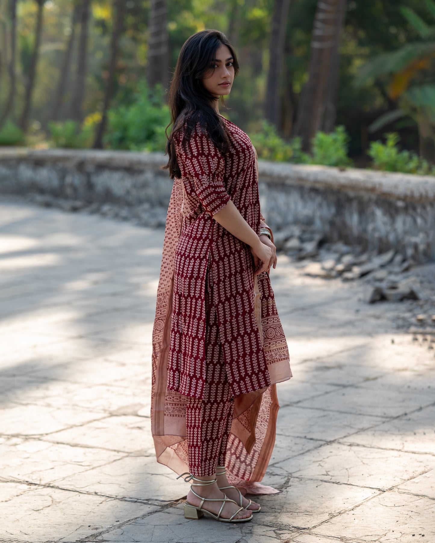 Maroon Maheshwari Silk Kurta Dupatta Sets