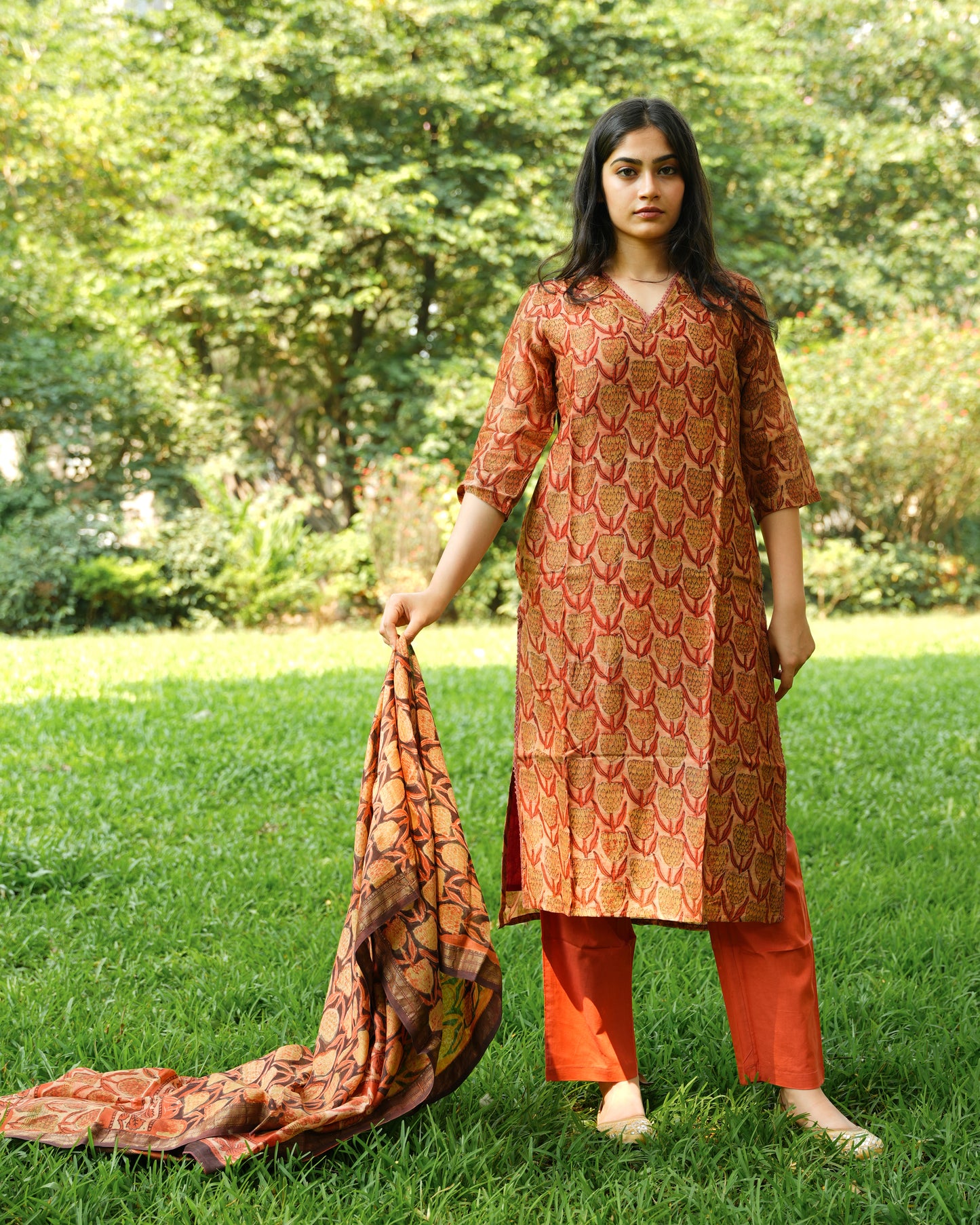 Orange Tulips Kurta Set in Maheshwori  Silk |Organic Hand-Blocked Plant-Based Print | Traditional Indian Clothing