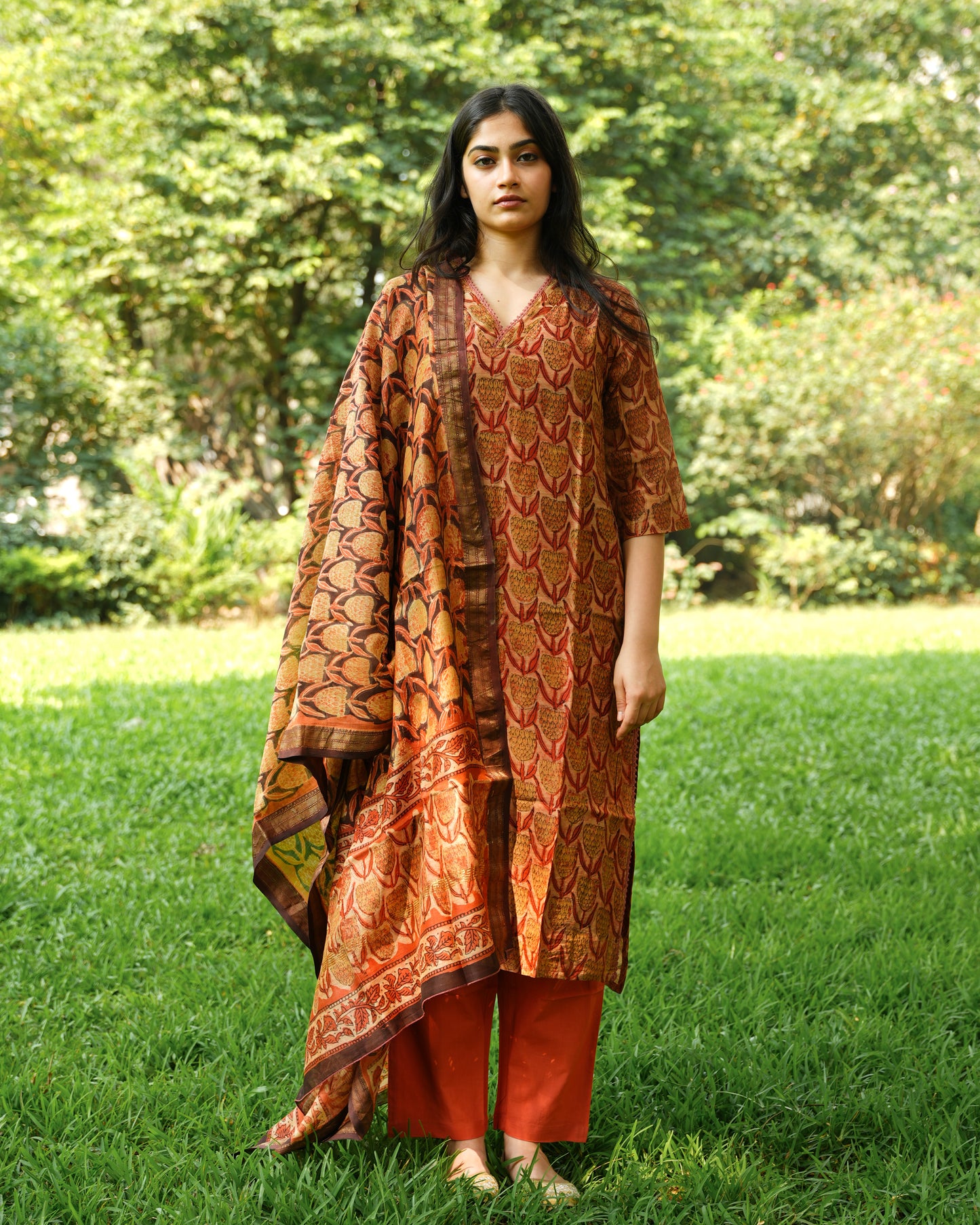 Orange Tulips Kurta Set in Maheshwori  Silk |Organic Hand-Blocked Plant-Based Print | Traditional Indian Clothing