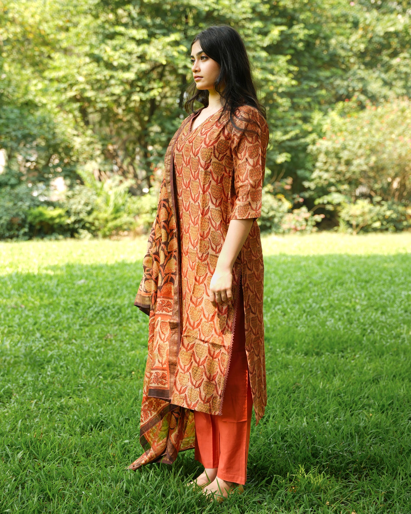 Orange Tulips Kurta Set in Maheshwori  Silk |Organic Hand-Blocked Plant-Based Print | Traditional Indian Clothing