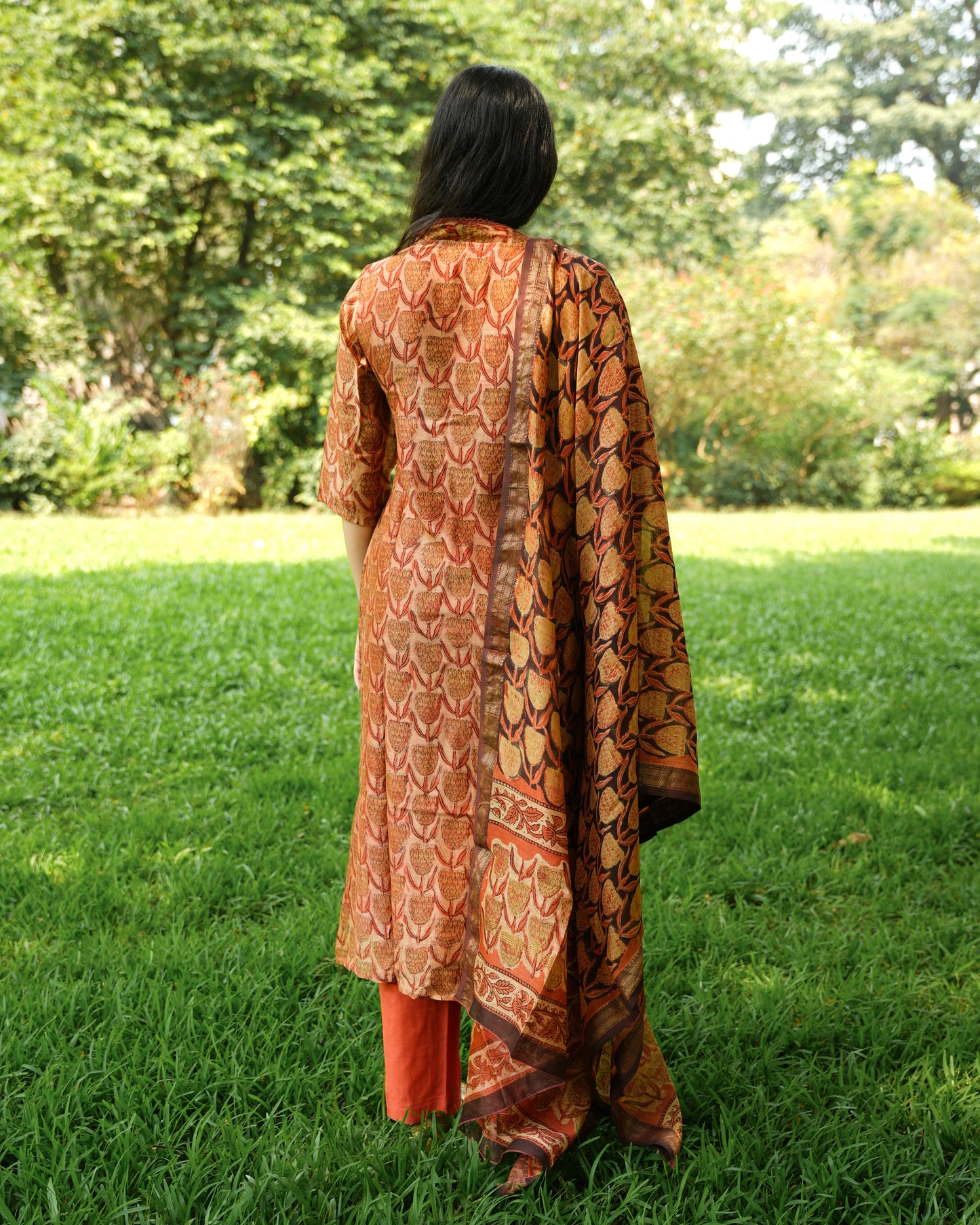 Orange Tulips Kurta Set in Maheshwori  Silk |Organic Hand-Blocked Plant-Based Print | Traditional Indian Clothing