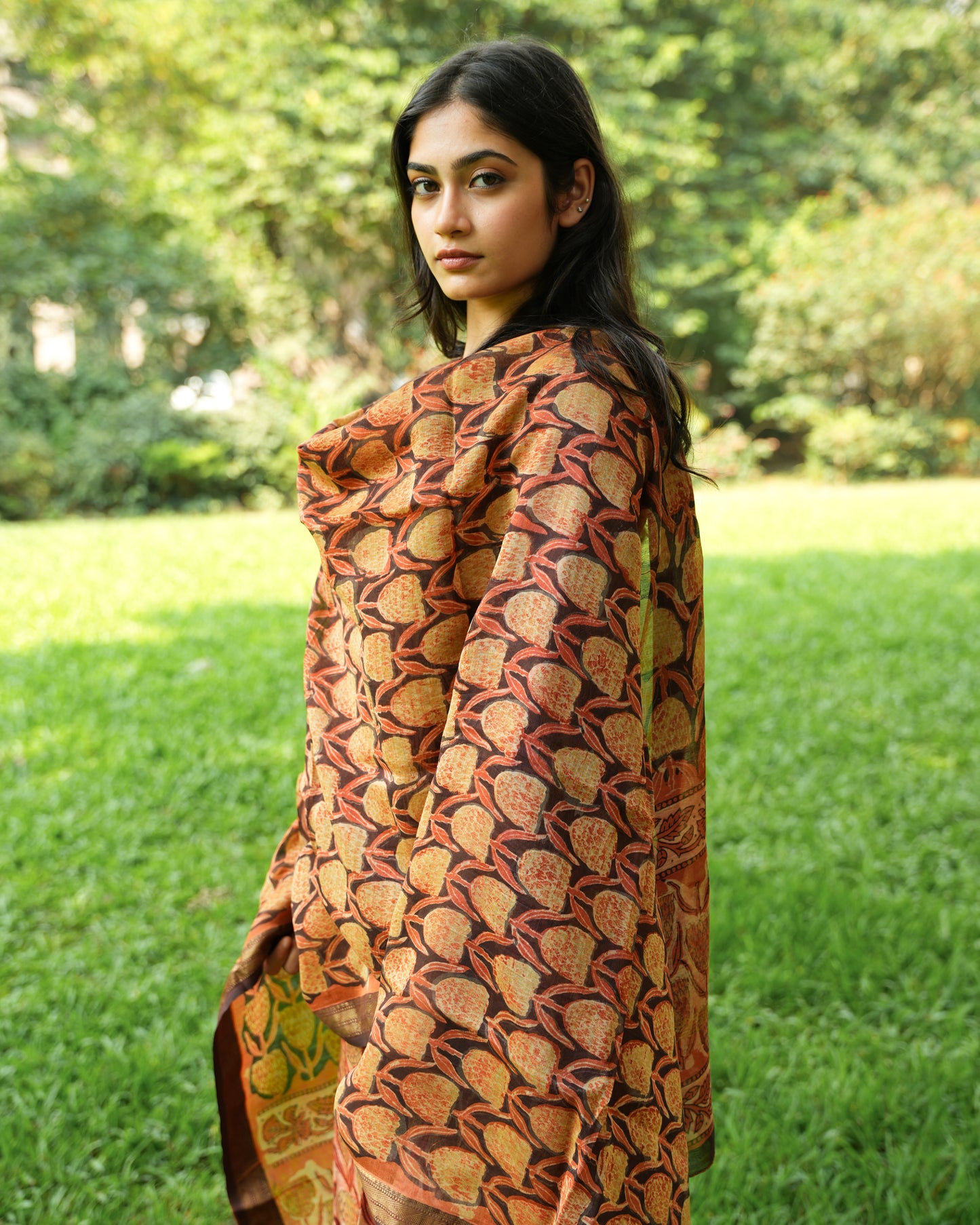 Orange Tulips Kurta Set in Maheshwori  Silk |Organic Hand-Blocked Plant-Based Print | Traditional Indian Clothing