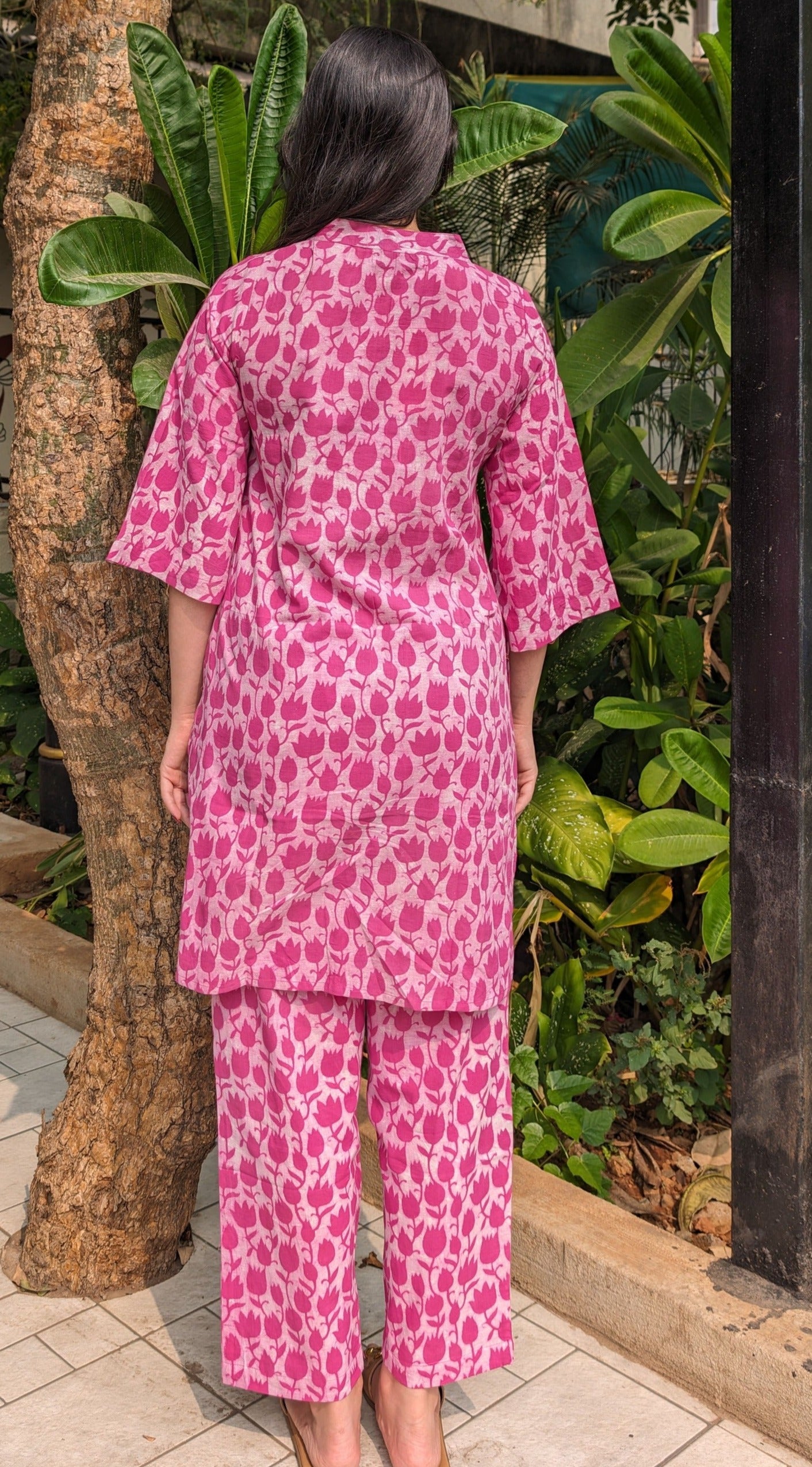 Handblock Print Cotton Kurti - Organic Plant-Based Color Pattern (Tulip)