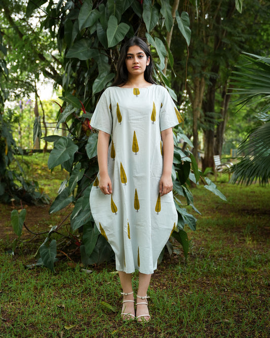 Hand-Block Printed Cotton Leaf Design dress with Side Pocket - Unique and Stylish Fashion